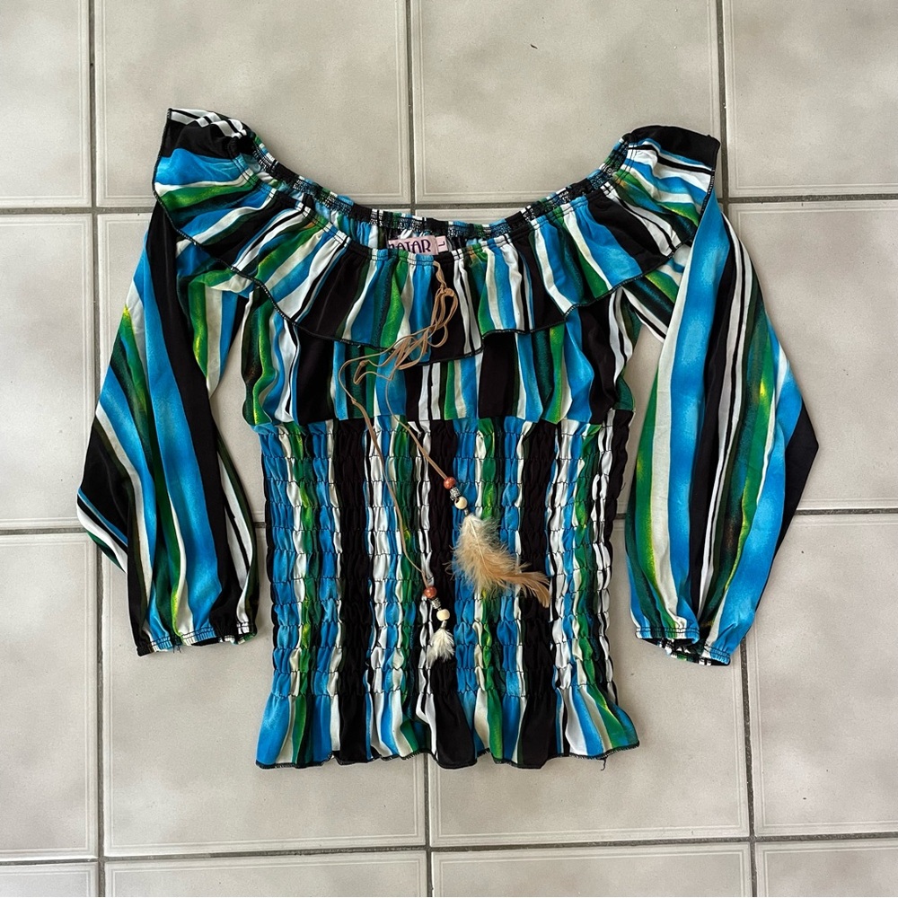 Vintage Whimsical Striped Off-Shoulder Top